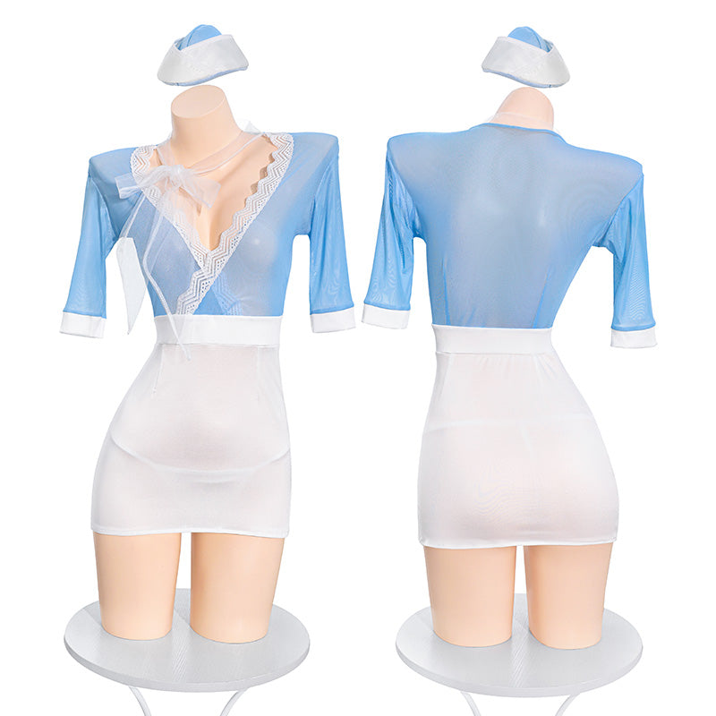 Sexy Deep V-Neck Bodycon Flight Attendant Cosplay Uniform&Stockings Set