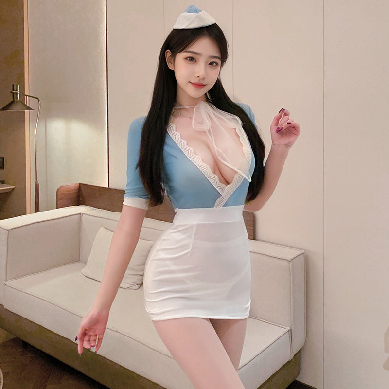 Sexy Deep V-Neck Bodycon Flight Attendant Cosplay Uniform&Stockings Set