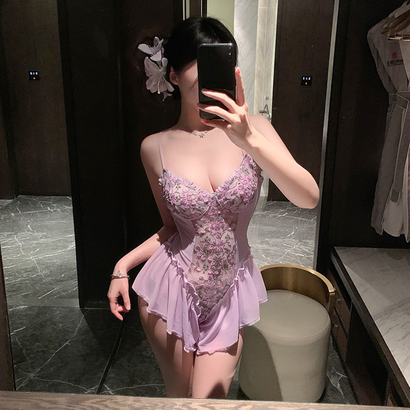 纯欲深V花蔓开档连体睡衣｜粉色紫色可选・蕾丝网纱性感睡衣套装