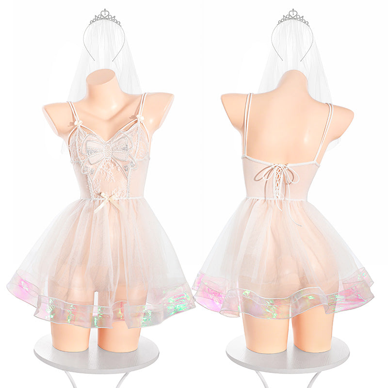 Pure Desire Bridal Gown-Inspired Lingerie with Sheer Skirt and White Thigh-High Stockings