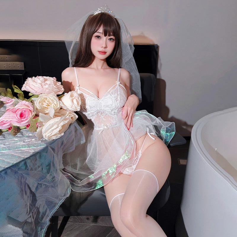 Pure Desire Bridal Gown-Inspired Lingerie with Sheer Skirt and White Thigh-High Stockings