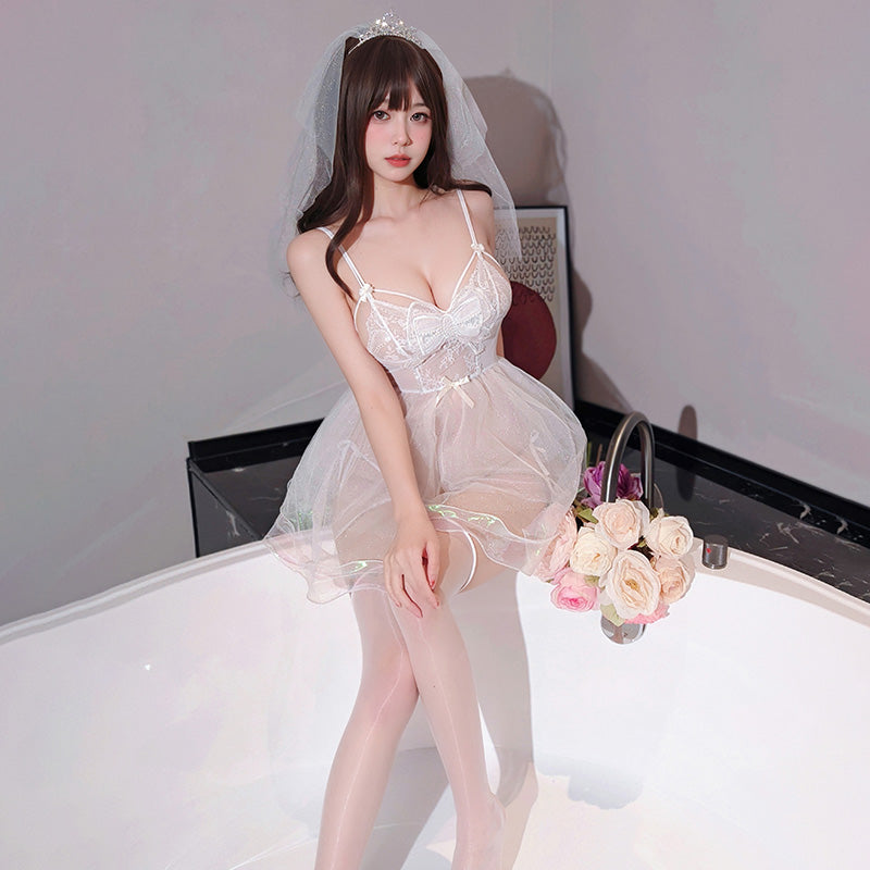 Pure Desire Bridal Gown-Inspired Lingerie with Sheer Skirt and White Thigh-High Stockings
