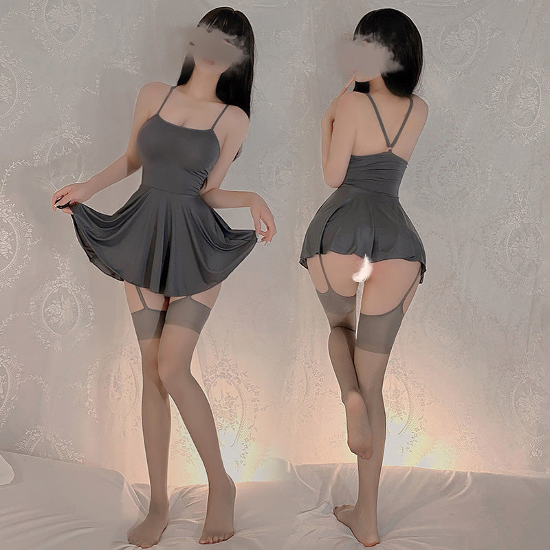 Sexy Ice Silk Slip Lingerie Set – Backless Strappy Nightdress with T-Back Panty+Grey Stocking