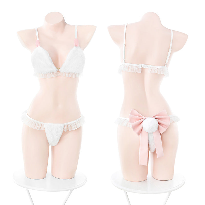Naughty Bunny Cosplay Furry Bra and Panty Set with Bunny Ears Hat