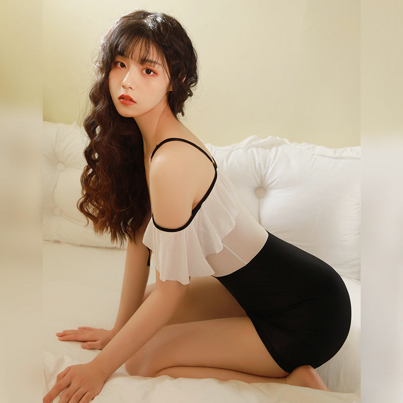 Women's Sexy Hollow Lace Off Shoulder Secretary Cosplay Slip Hip Skirt(Two Colors Available)