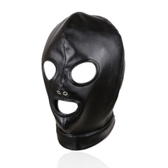 Black PU Leather Open Mouth & Eye Hood | BDSM Bondage Mask for Role Play & Fetish Lovers