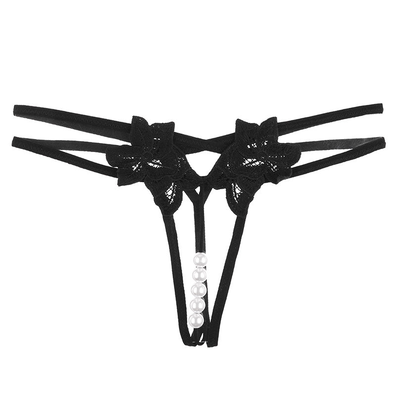 Women Sexy Pearl Lace G-String Panties in Black