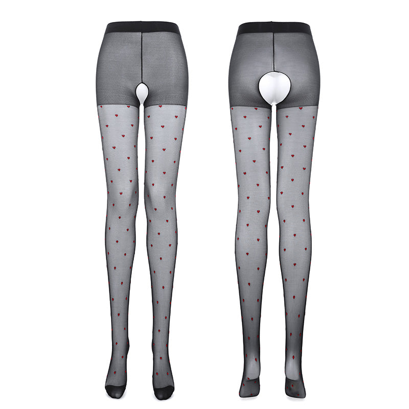 Women's Sexy Red Heart Dots Sheer High Waist Crotchless Black Pantyhose