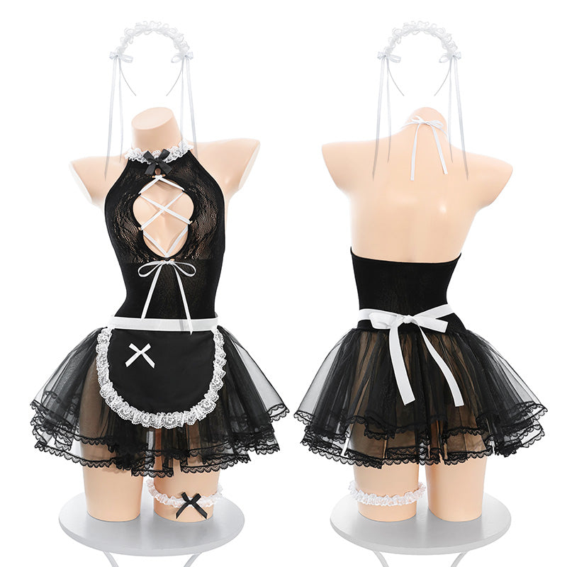 Sexy French Maid Sheer Tearable Mesh Lingerie Set with Stockings