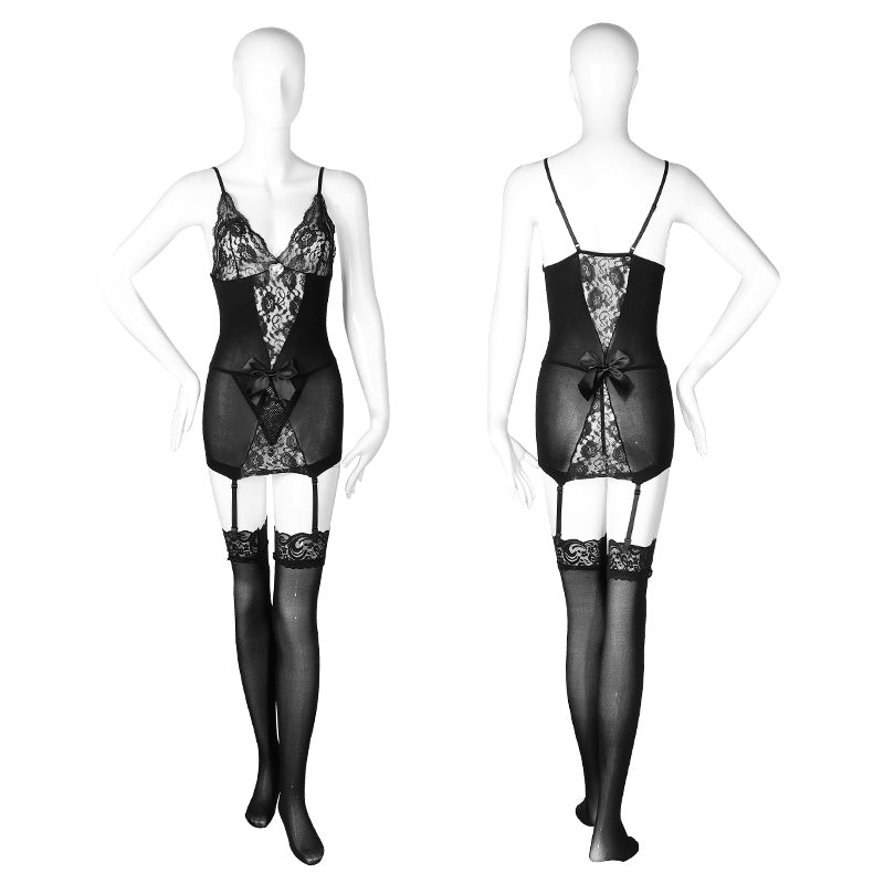 Black Lace Deep V Bodysuit Garter With Stocking