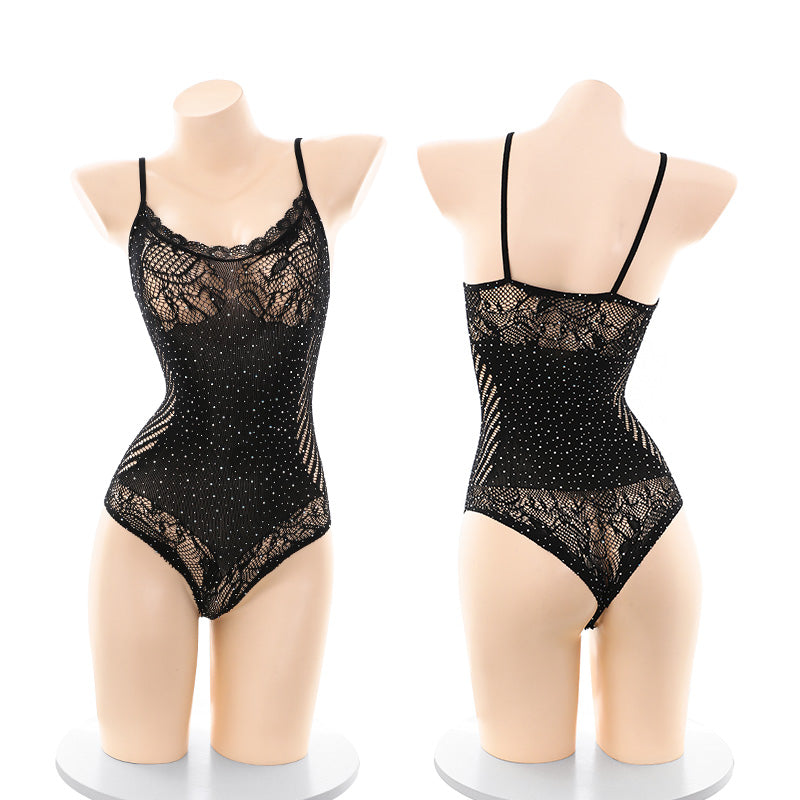 Sexy Black Lace Rhinestone Mesh Bodysuit – Sheer Open Back Lingerie