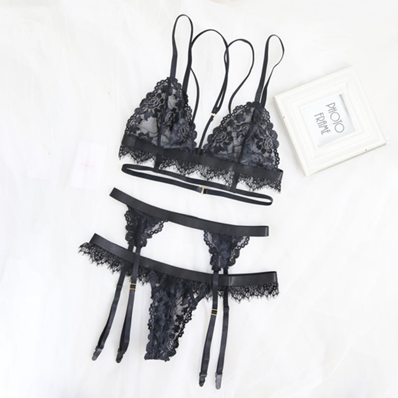 Women's Sexy Black 3 Piece Lace Bra and Panty Set with Garter