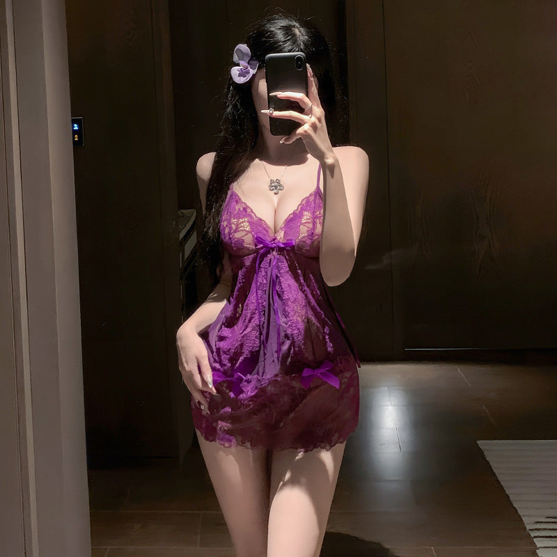 Sexy Lace Purple Deep V See-through Nightgown Stockings Gloves set