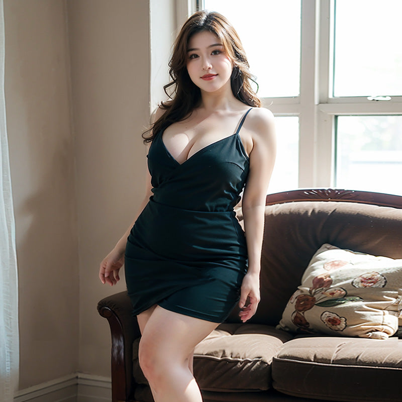 Plus Size V-Neck Lingerie Dress Set – Black/Wine Red, Adjustable Straps, Sexy Sleepwear