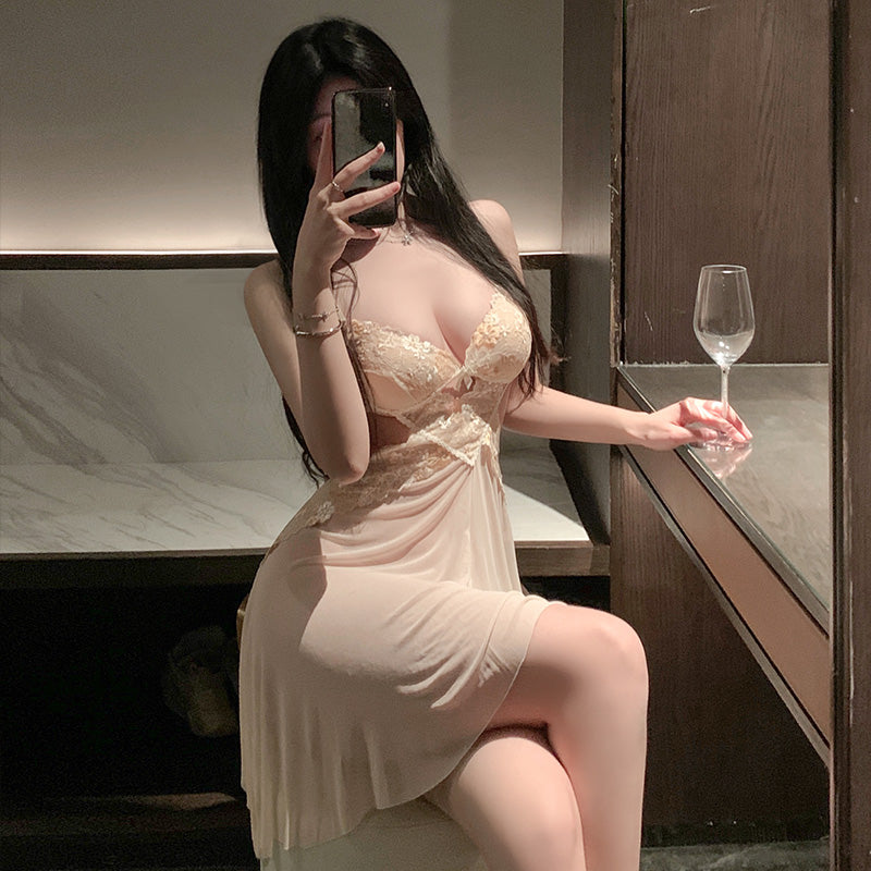 Sheer Lace Babydoll Lingerie Set – Apricot/Pink