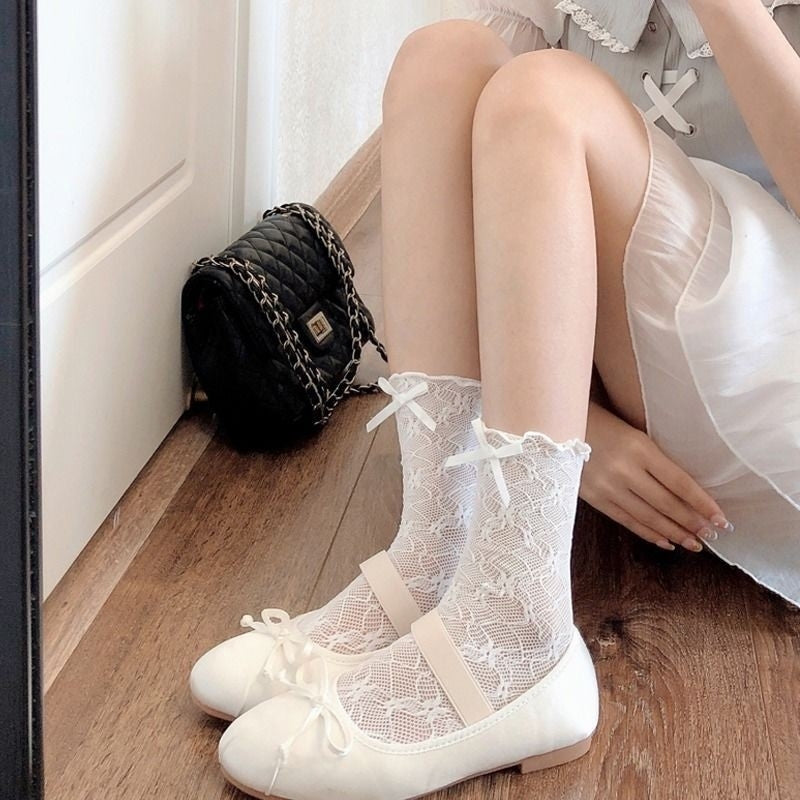 Elegant Bow Lace Mid-Calf Socks - Kawaii Japanese Style Breathable Mesh Socks for Women (Black/White/Beige)