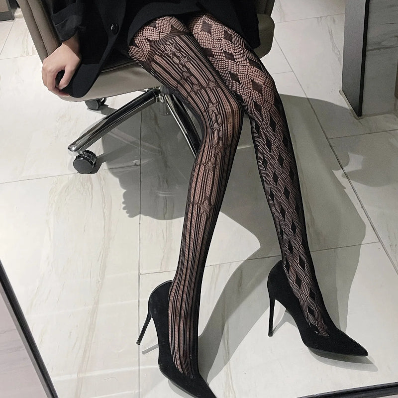 French Sexy Hollow-Out Fishnet Stockings | Star & Diamond Pattern | Black & White Colors