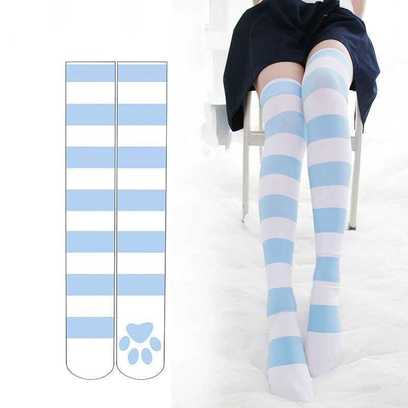 Women's Thigh High Cute Cat Paw Stocking in Blue