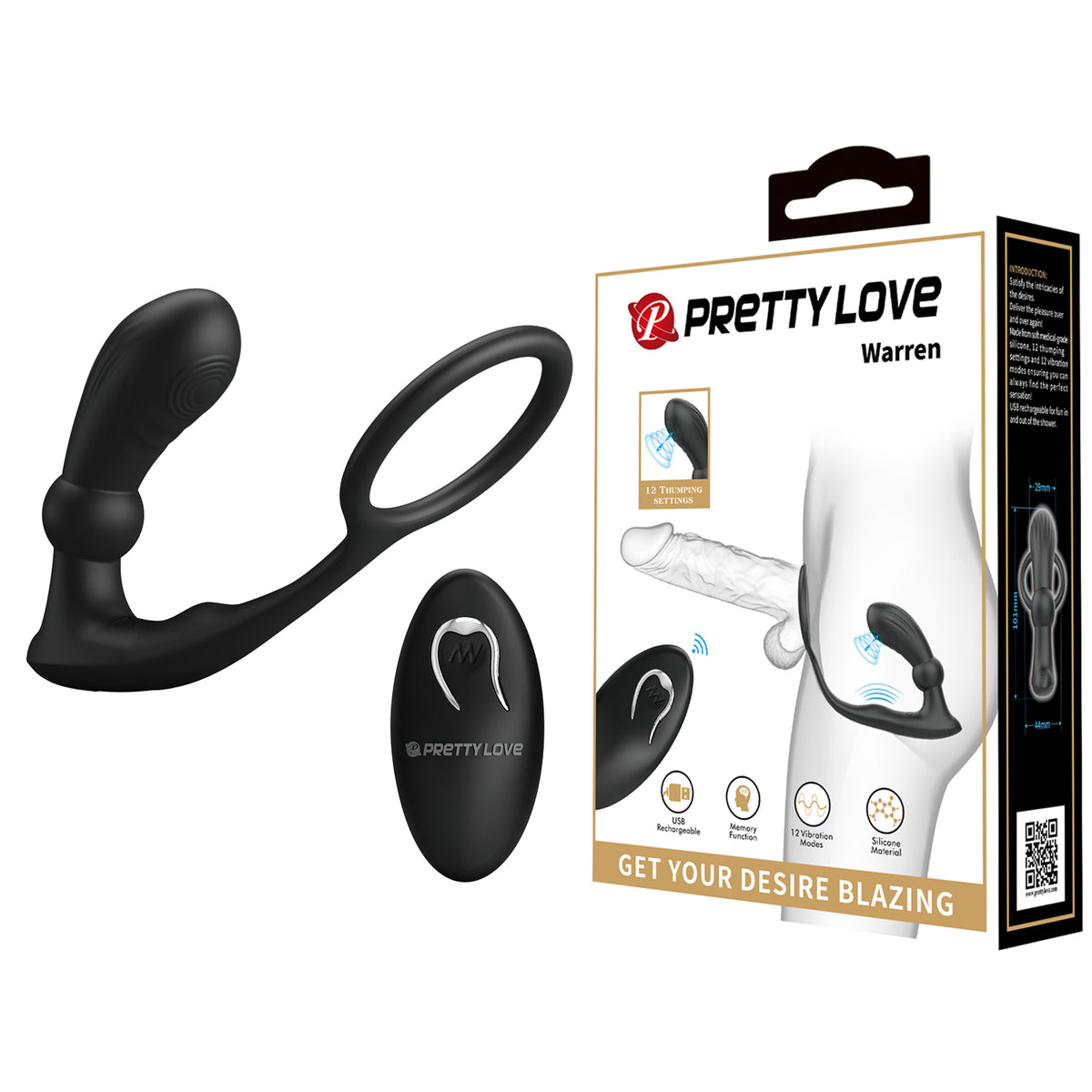 rettyLove Remote Control Vibrating Cock Ring with Butt Plug – 12 Vibration & Thrusting Modes, Silicone, USB Rechargeable