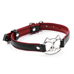 Women's BDSM Leather Collar - Black & Red PU with Metal Cat Face, Adjustable Pin Buckle Choker