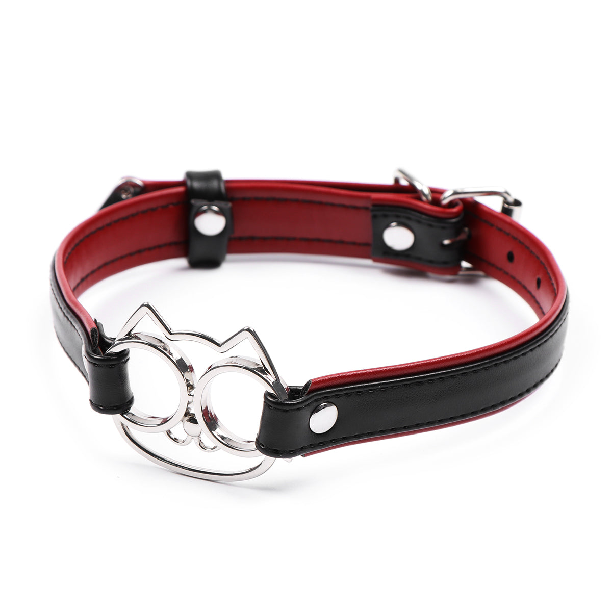 Women's BDSM Leather Collar - Black & Red PU with Metal Cat Face, Adjustable Pin Buckle Choker