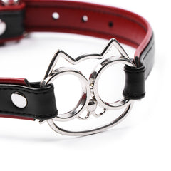 Women's BDSM Leather Collar - Black & Red PU with Metal Cat Face, Adjustable Pin Buckle Choker