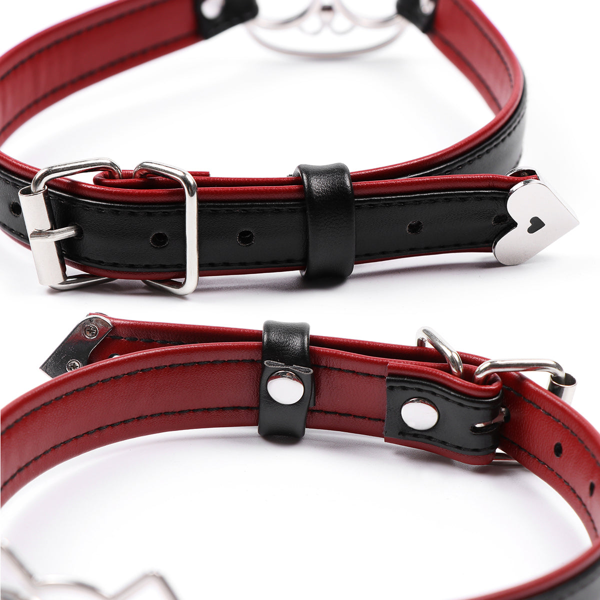 Women's BDSM Leather Collar - Black & Red PU with Metal Cat Face, Adjustable Pin Buckle Choker