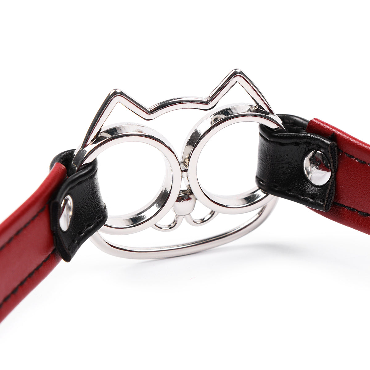 Women's BDSM Leather Collar - Black & Red PU with Metal Cat Face, Adjustable Pin Buckle Choker