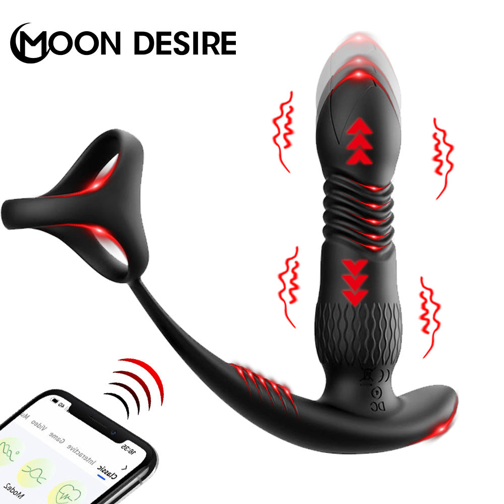 Moon Desire App-Controlled Telescopic Anal Plug with Cock Ring – Remote Vibrating Prostate Massager for Couples