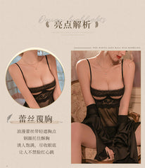 Sexy Strap Back Slit Mesh See Through Nightdress in Black with Black Lace Eye Mask