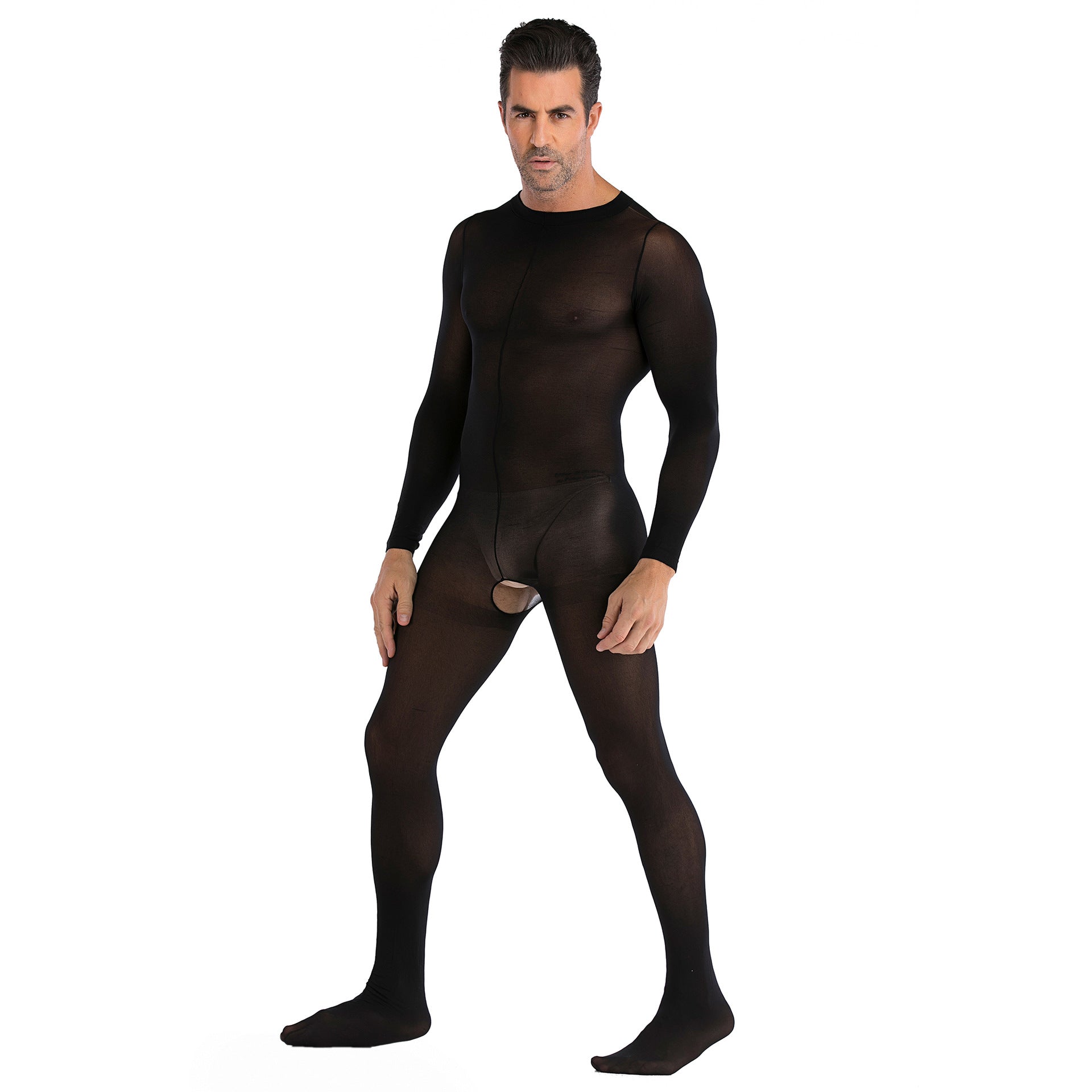 Men's Black Sexy Open Crotch Long Sleeve Bodystocking 