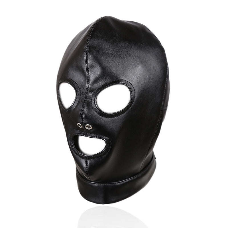 Black PU Leather Open Mouth & Eye Hood | BDSM Bondage Mask for Role Play & Fetish Lovers