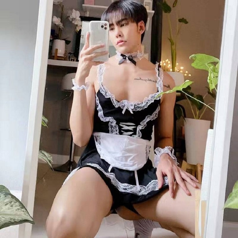 Men's Lace Frilly Dress Sissy French Apron Maid Cosplay Costume