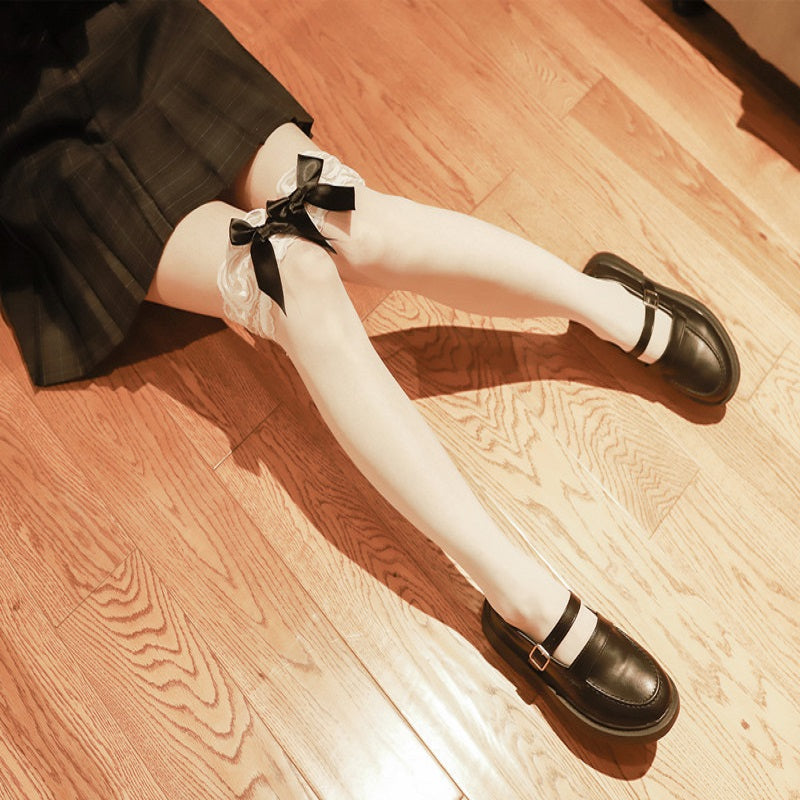 Girls Sexy Black Bowknot Lolita Over Knee White Stocking