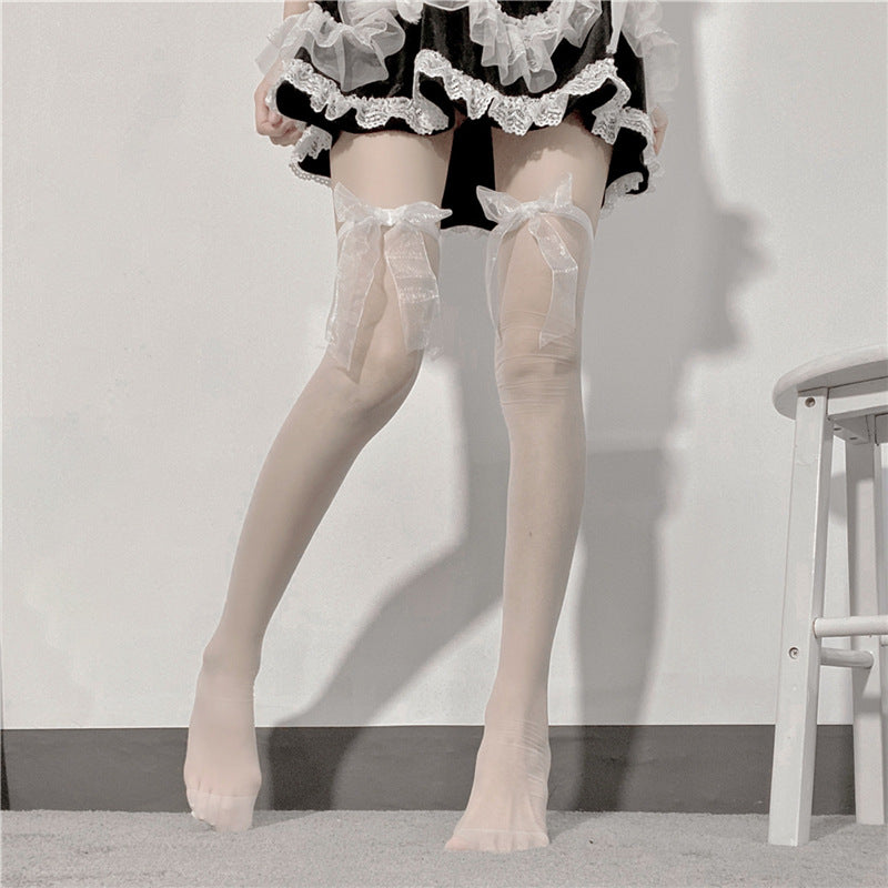 Girl's Cute Lolita Sheer Over Knee With Stain Bow Stocking(Two Color Available)