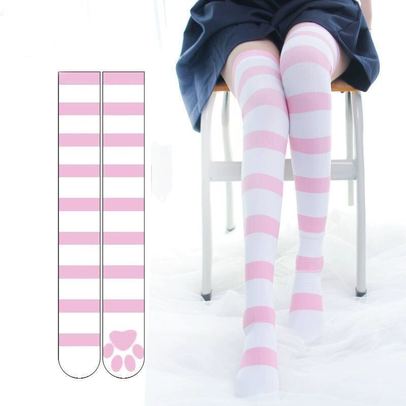 女式粉色可爱猫爪长筒袜