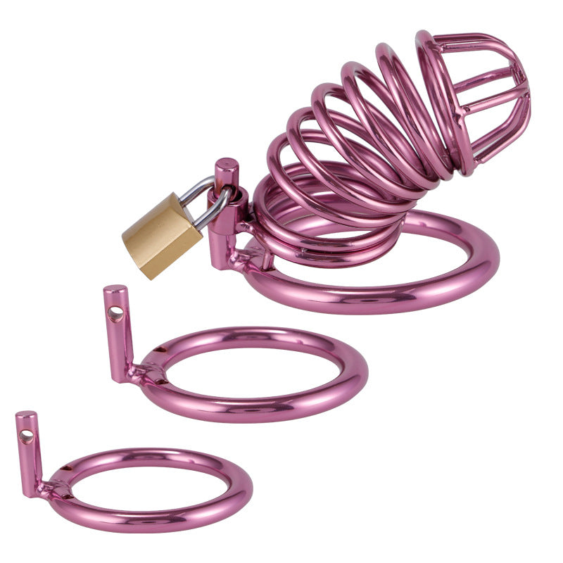 Purple Stainless Steel Male Cage Chastity Device with Three Different Sized Penis Rings