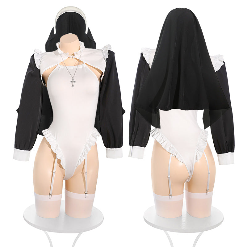 Midnight Nun Lingerie Costume Set – Open Crotch Bodysuit with Veil & Garter Belts | Cosplay Temptation