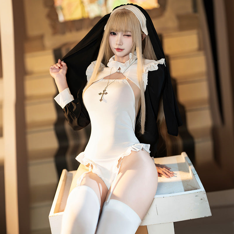 Midnight Nun Lingerie Costume Set – Open Crotch Bodysuit with Veil & Garter Belts | Cosplay Temptation