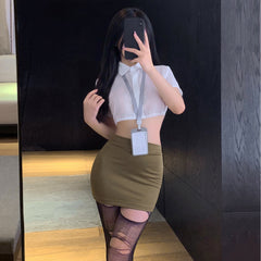 深夜邀约 · 美式店员制服诱惑套装｜性感透视上衣短裙＋可手撕连裤袜