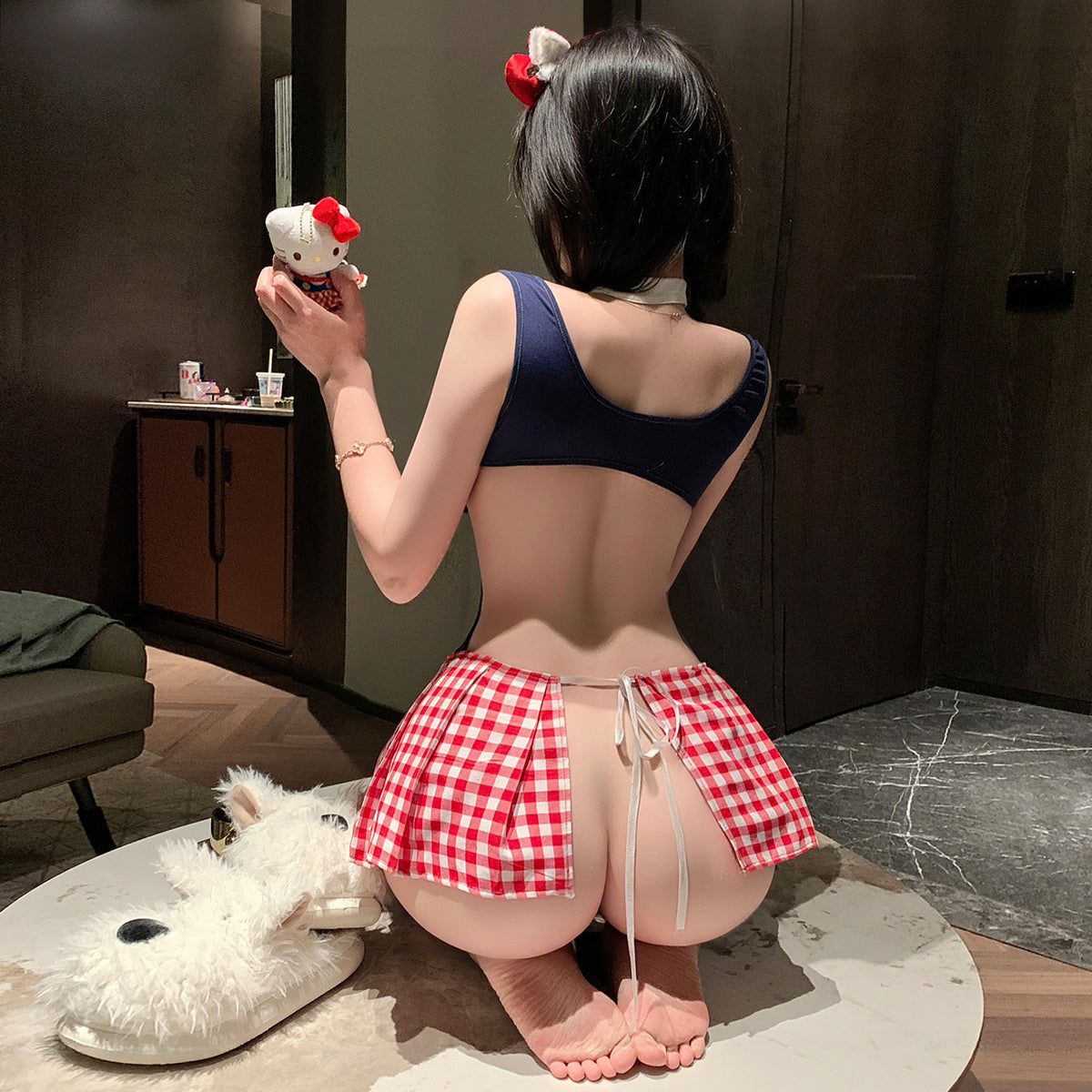 软萌Kitty酱·拼接连衣睡裙套装 + 性感调情露臀设计 + 白色长筒丝袜