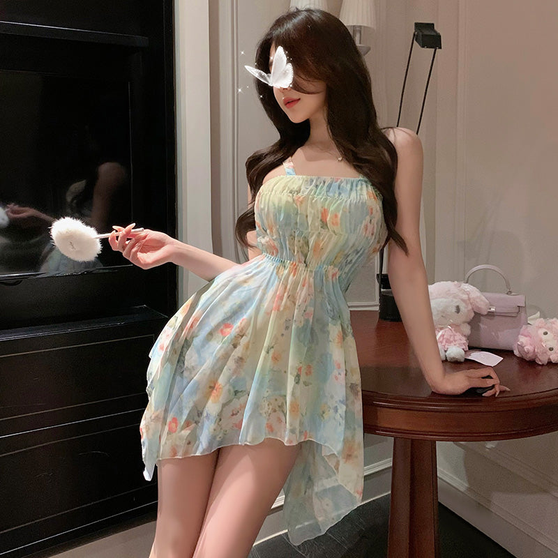 Monet Garden Blue Floral Reversible Deep V Sheer Dress + T-Back Lingerie