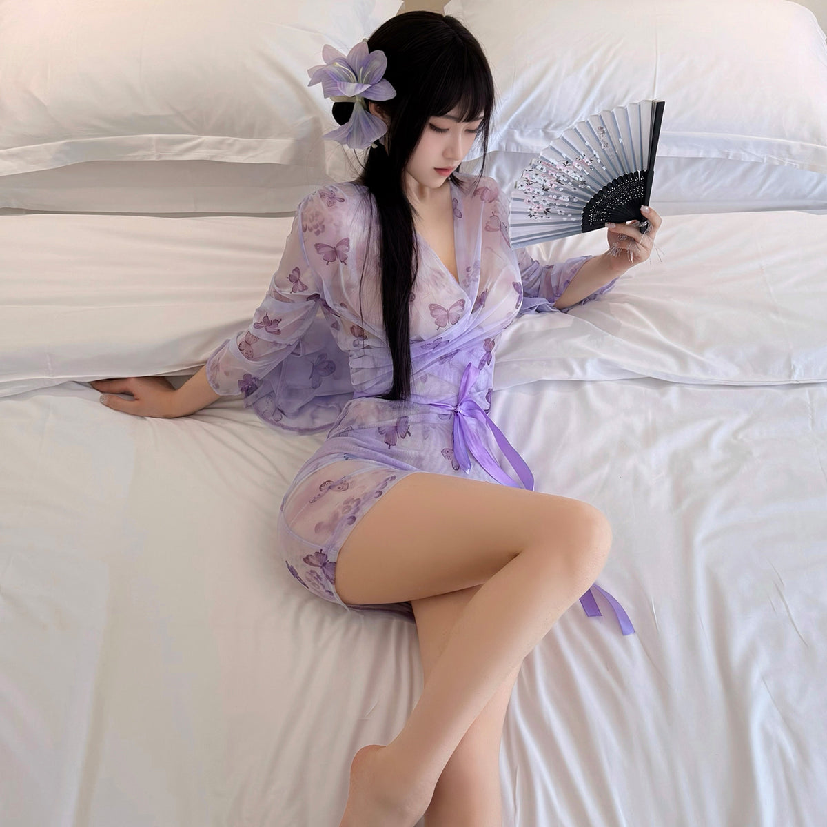 Butterfly Print Sheer Mesh Robe Set | Sexy See-through Sleepdress