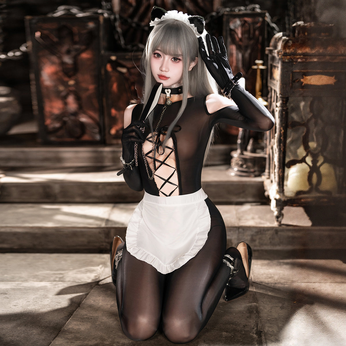 Black Sexy Maid Lingerie Bodysuit Set with Cat-Ear Headband & White Apron