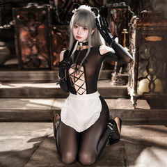 Black Sexy Maid Lingerie Bodysuit Set with Cat-Ear Headband & White Apron