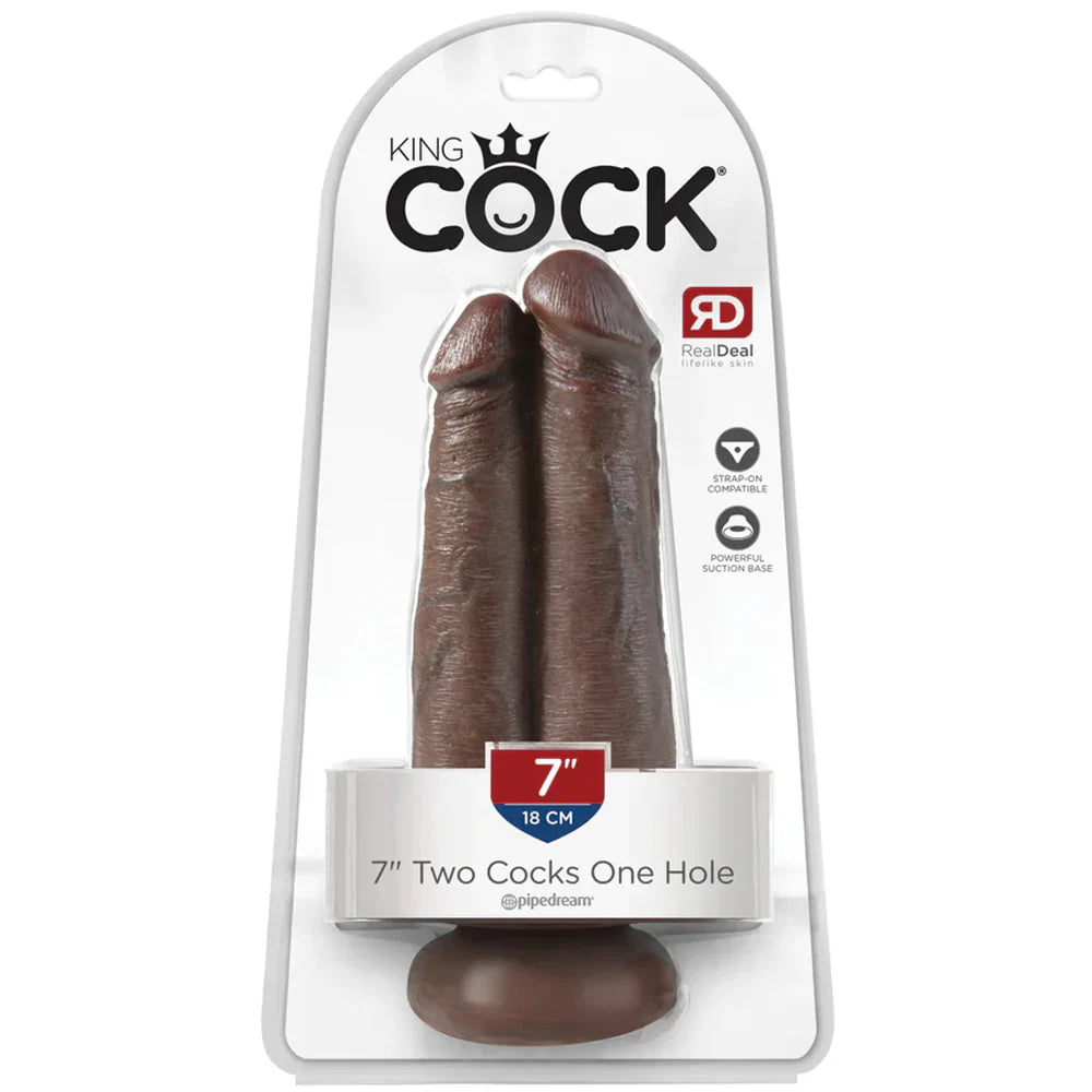 King Cock 7 Inch Two Cocks One Hole Dildo in Chocolate